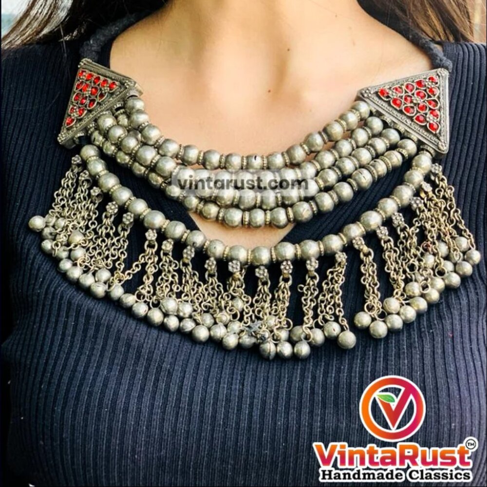 Multilayers Silver Metallic Beaded Choker Necklac… - image 1
